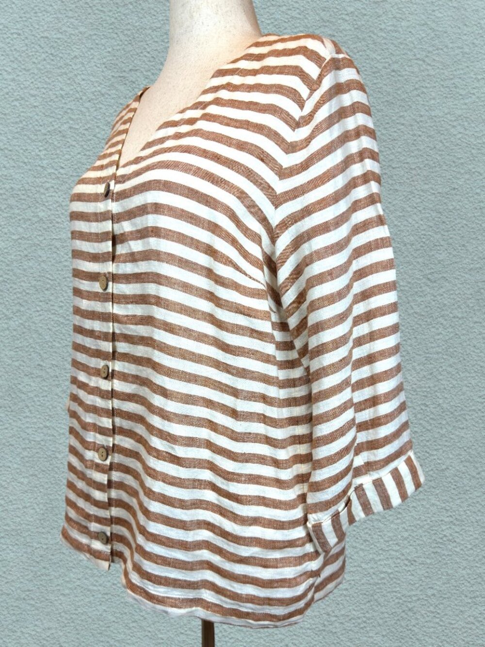 Rachel Zoe 100% Linen Brown Striped Button Front Top L Rolled 3/4 Sleeve Coastal